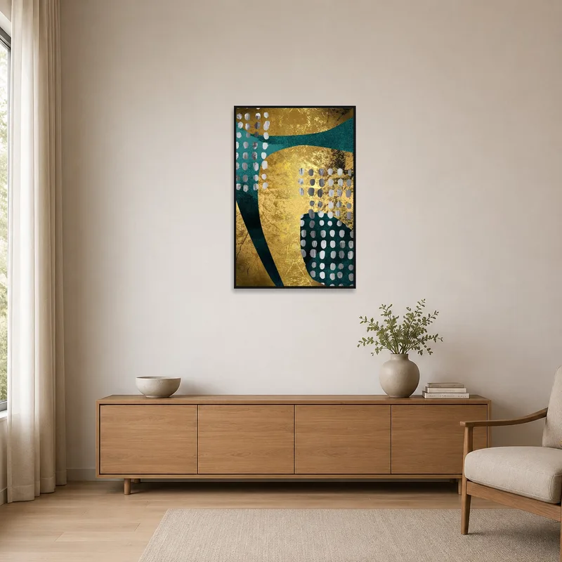Gold and teal abstract dots add color to a minimalist space.