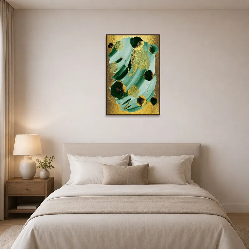 Warm bedroom accented by a bold gold and teal abstract art piece.