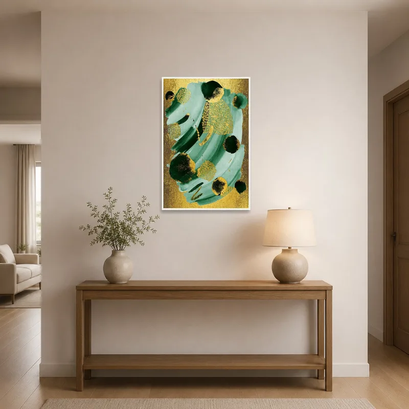 Art piece in gold and teal enhances the entrance hall's ambiance.