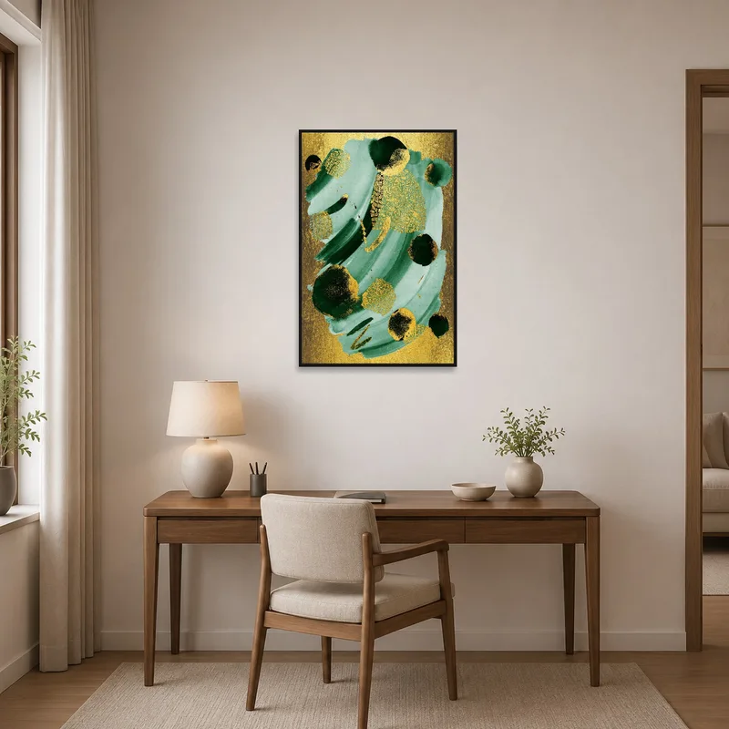 Home office enlivened with gold and teal abstract art for inspiration.