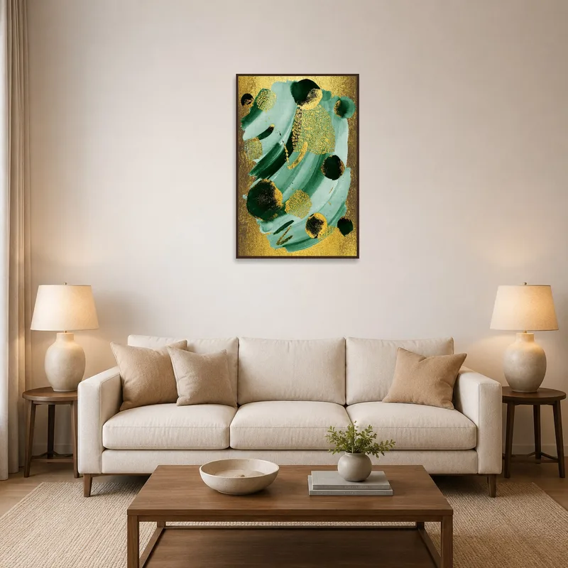 Gold and teal abstract art adding a bold touch to the living room.