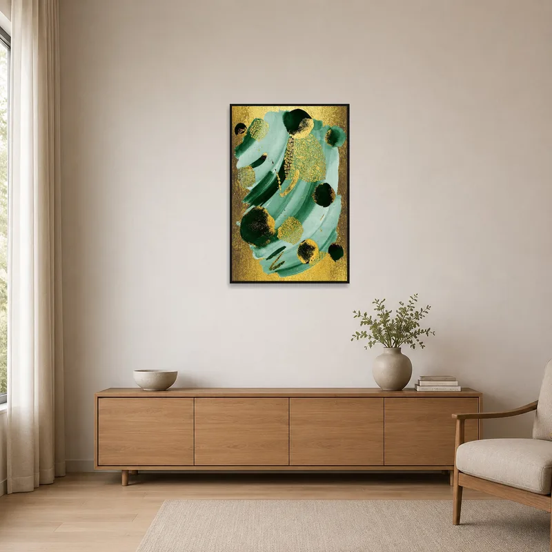 Gold and teal abstract art stands out against minimalist decor.
