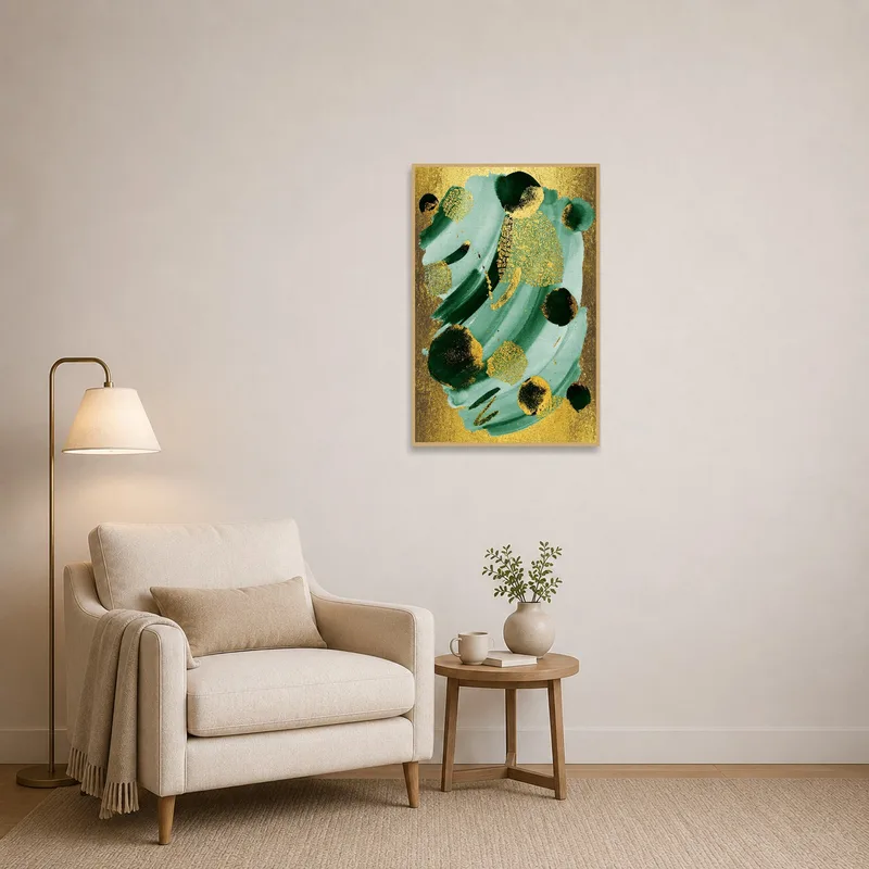 Relaxing reading corner with vibrant gold and teal abstract art.