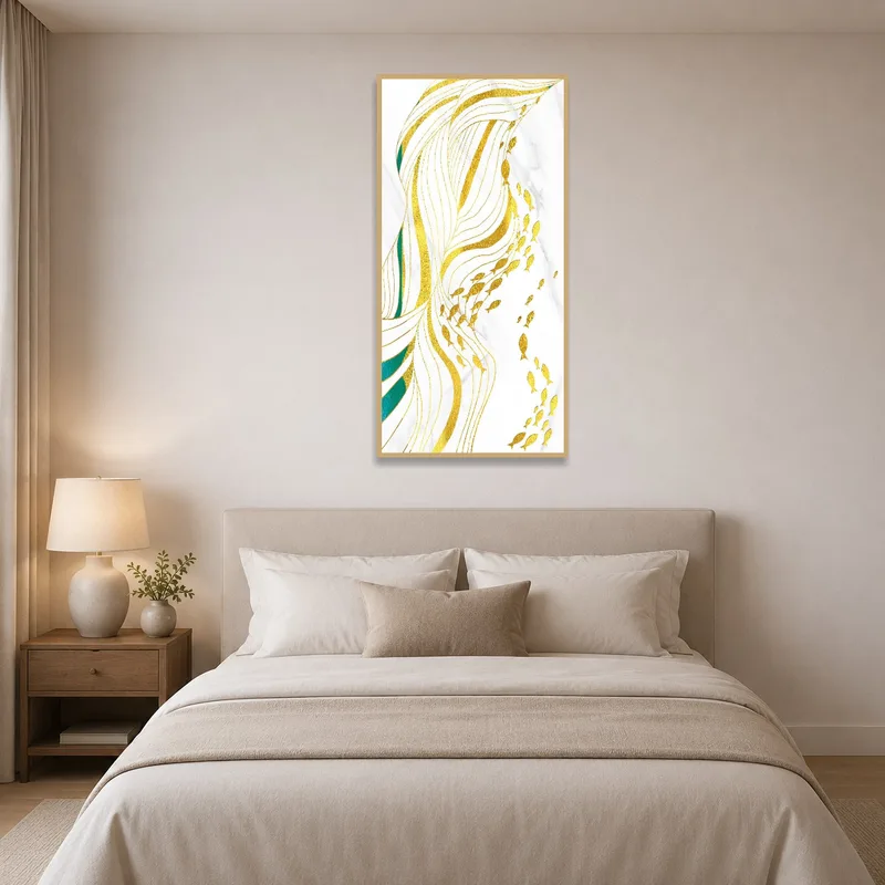 Gold and teal fluid lines with fish hanging above the bed in a tranquil bedroom setting.