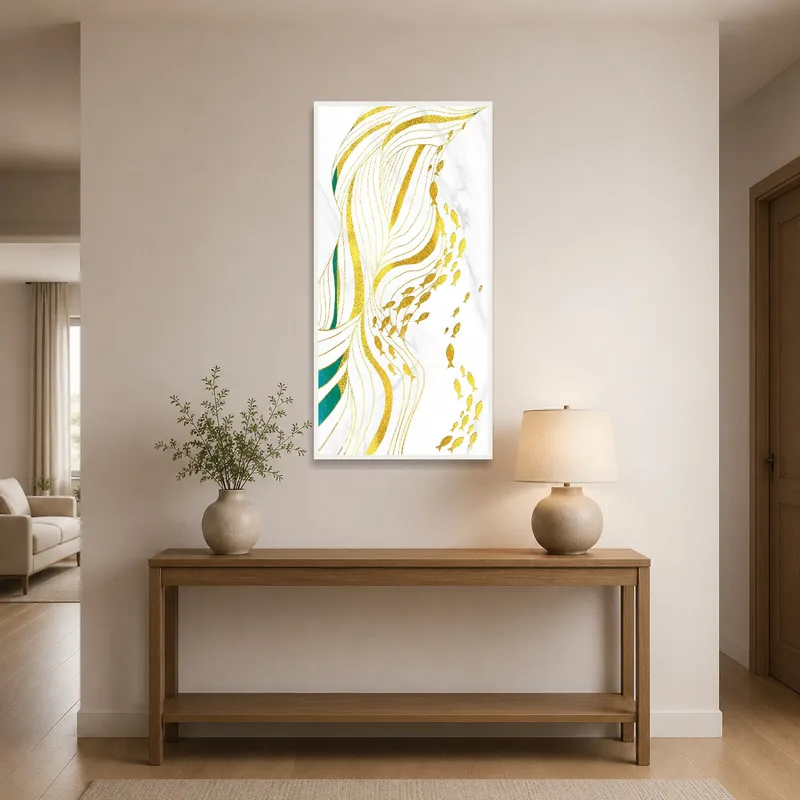 Art print of gold and teal fluid lines and fish displayed in an entrance hall near a console table.