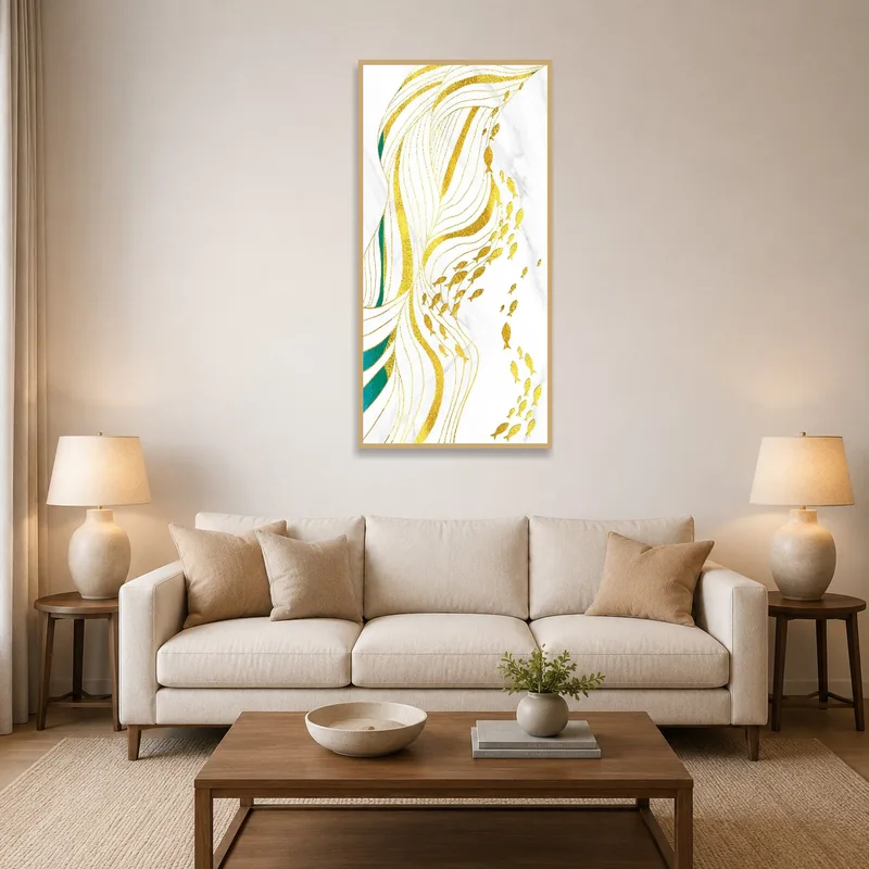 Gold and teal fluid lines with fish art print on a living room wall above a cozy couch.