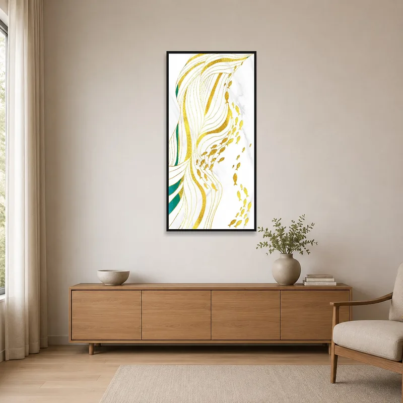 Gold and teal fluid lines with fish art print in a minimalist space with sleek furniture.