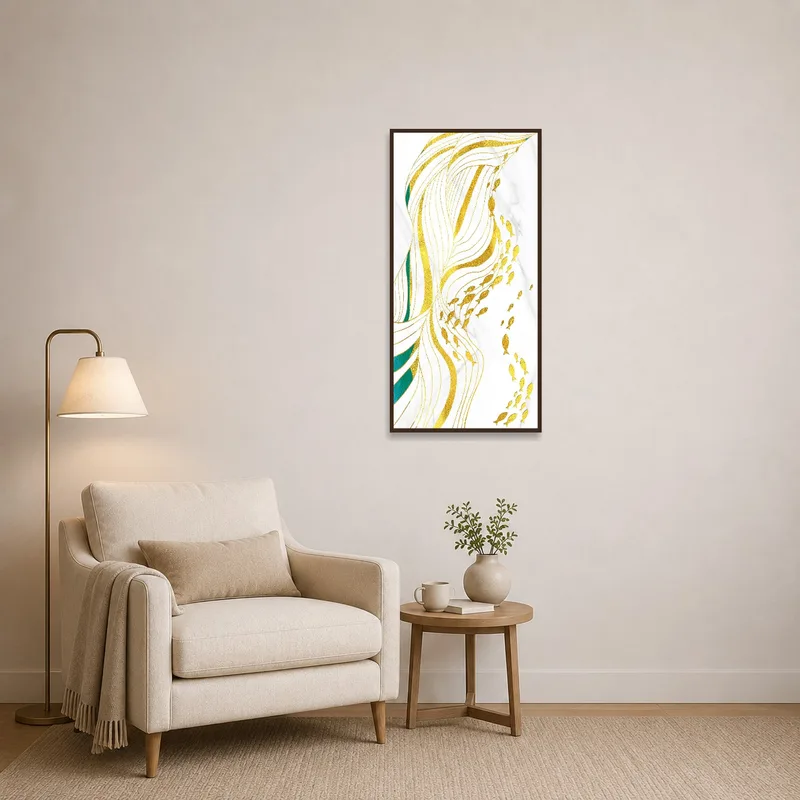 Fish art print with gold and teal fluid lines hanging in a reading corner by a comfy chair.