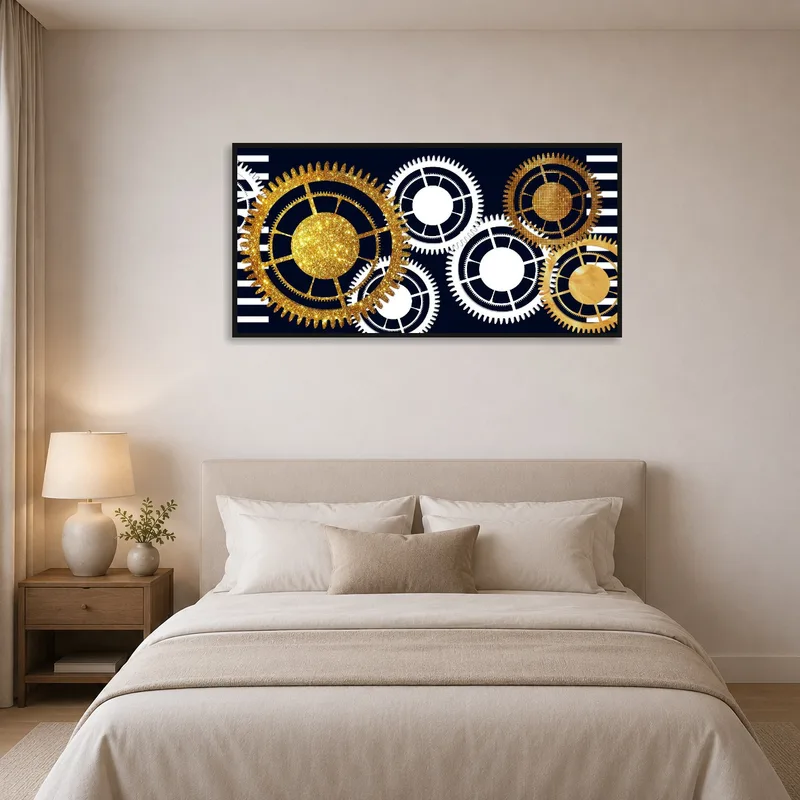 Gold and white gear artwork brings elegance to a serene and restful bedroom.
