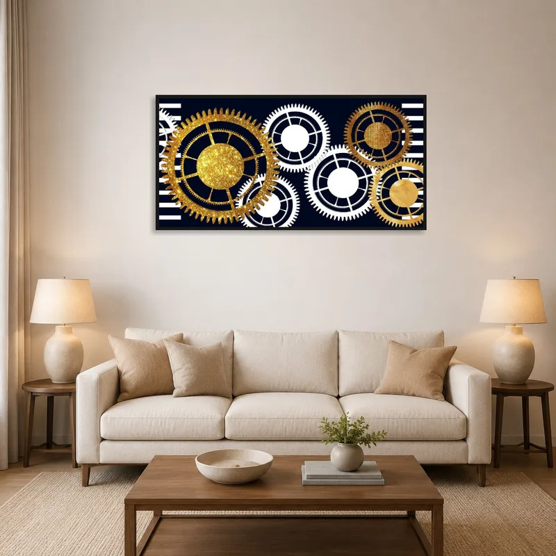 Gold and white abstract gear design displayed above a cozy living room sofa.