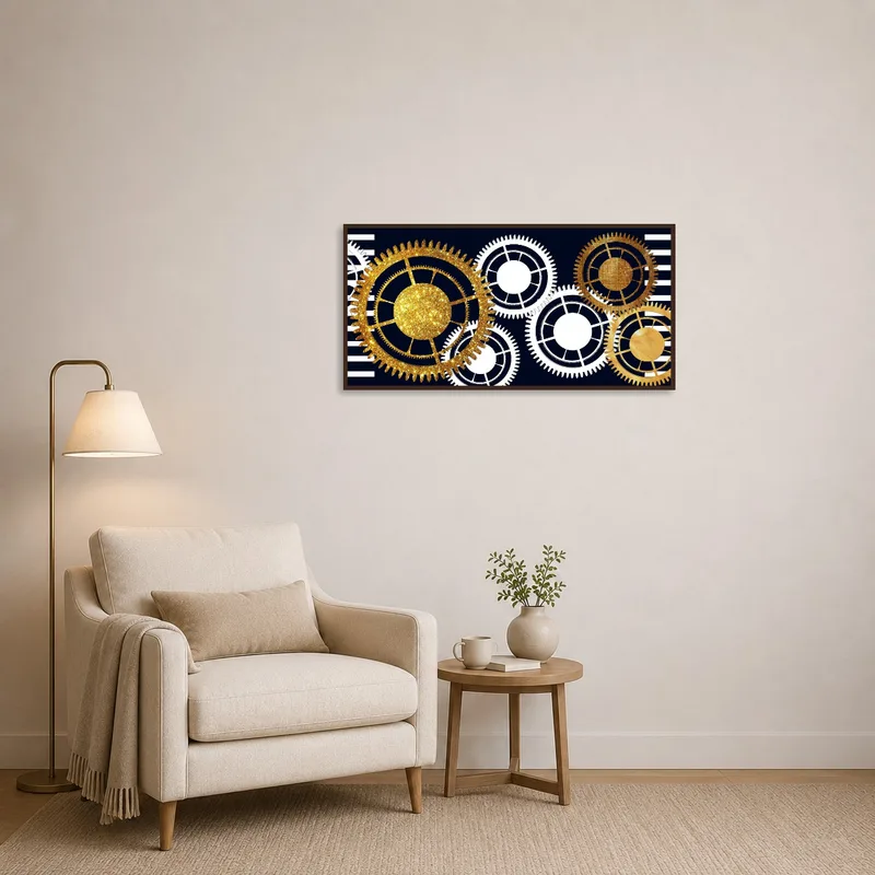 Abstract gear print adds interest to a cozy reading corner with its intricate details.