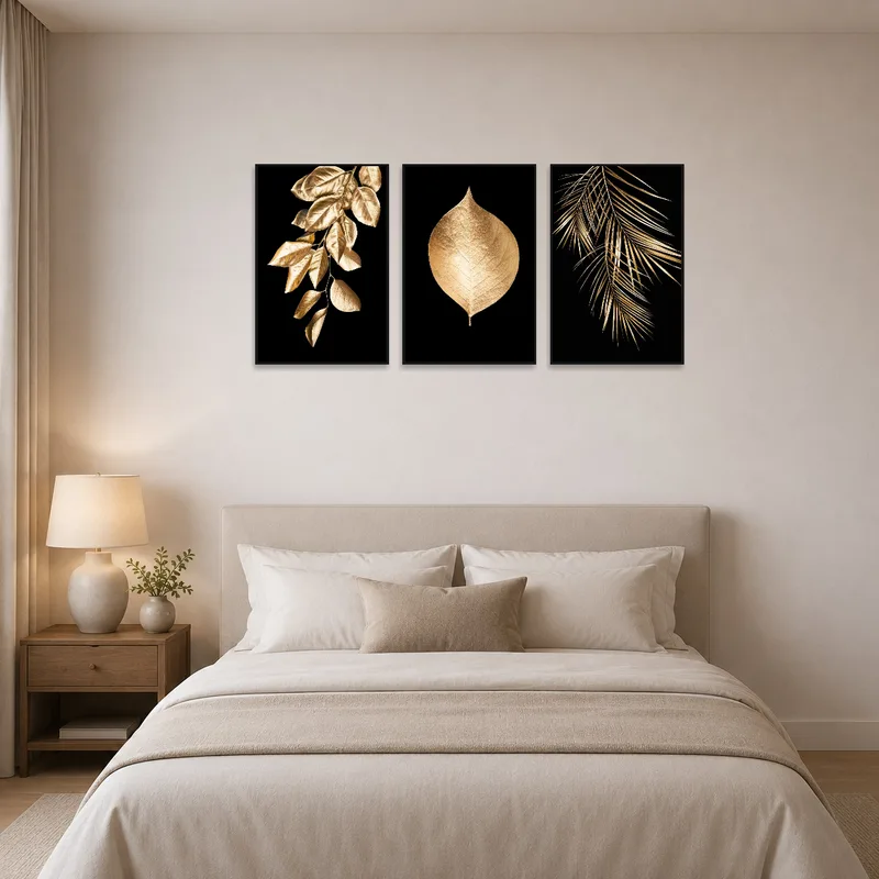 Gold leaf art piece enhances the relaxing ambiance of a chic bedroom.