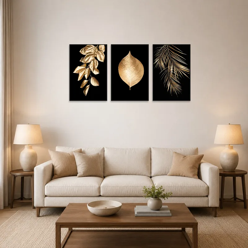 Gold leaf triptych on black displayed above a modern sofa in the living room.