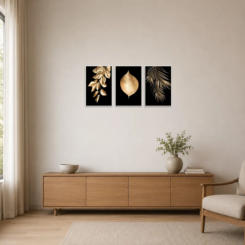 Gold leaf triptych adds elegance to a minimalist room with sparse furniture.