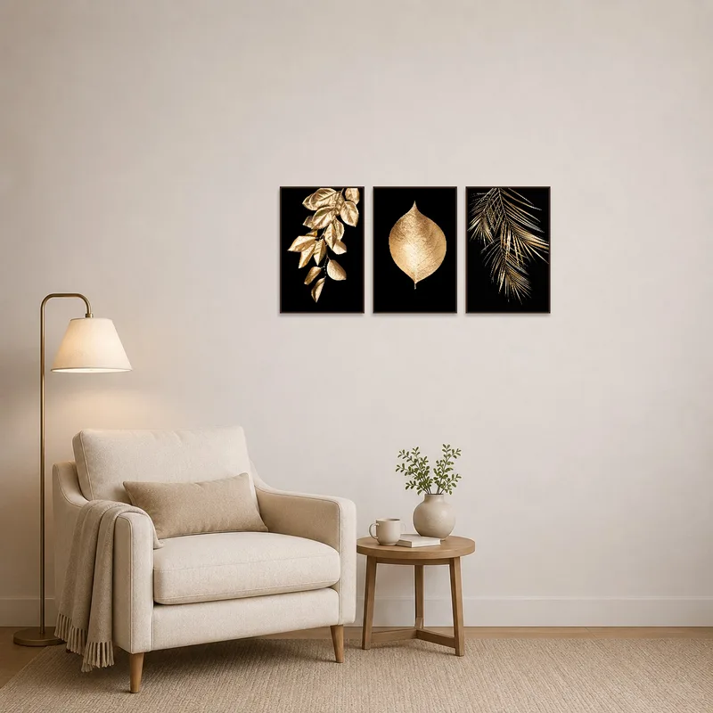 Gold botanical triptych adds a calming touch to a cozy reading corner.