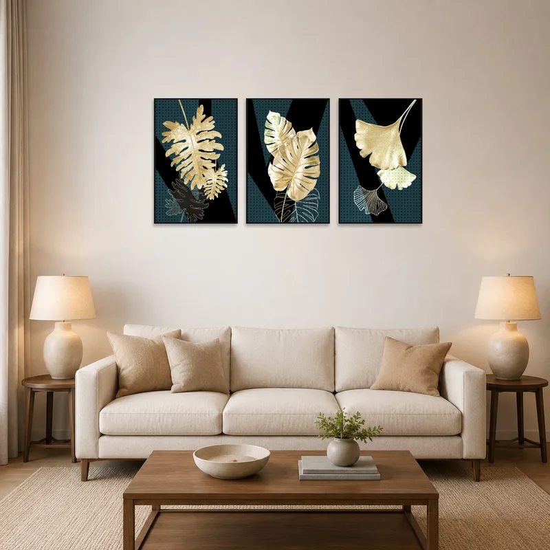 Gold leaf triptych on geometric background brightens a stylish living room wall.