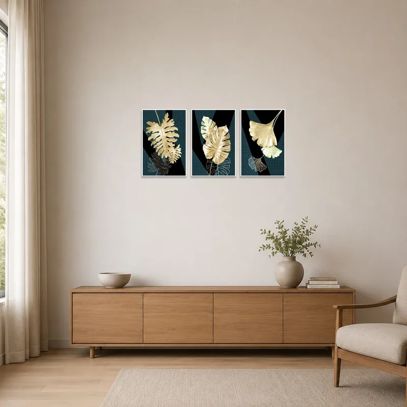 Gold botanical leaf artwork adds elegance to a minimalist room setting.