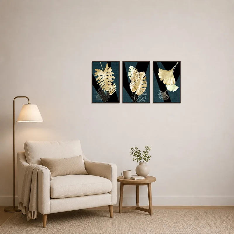 Gold leaf artwork with geometric background enhances a cozy reading corner.