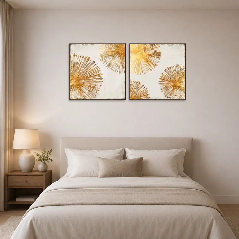 Gold Burst Abstract Art Set infuses luxury into a serene bedroom setting.