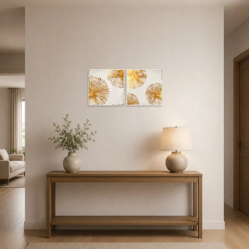 Gold Burst Abstract Art Set greets visitors in a chic entrance hall.
