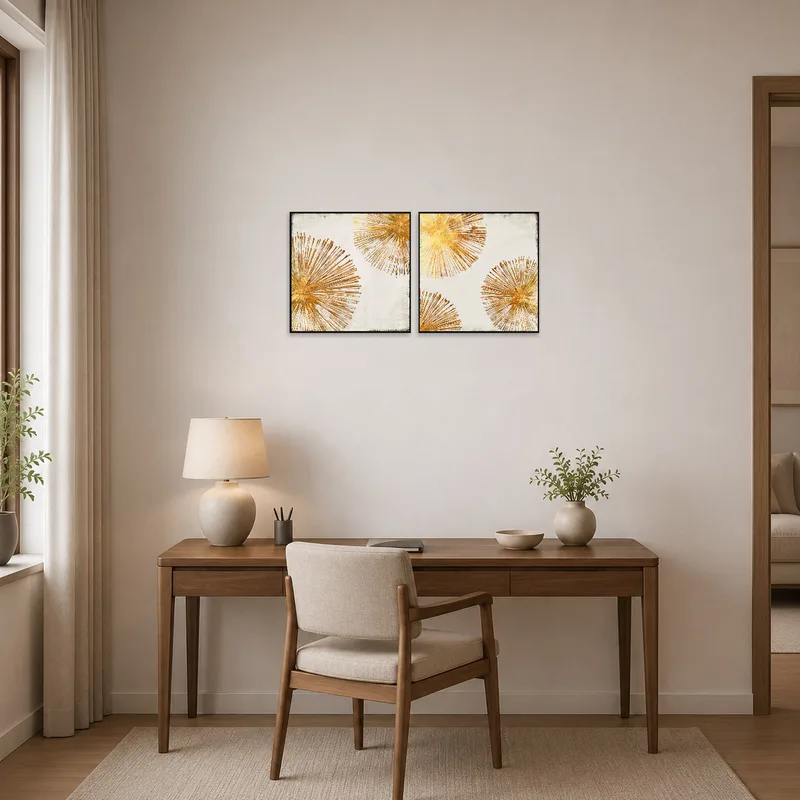 Gold Burst art set inspires creativity in a sophisticated home office.