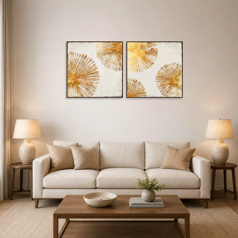Gold Burst Abstract Art Set adds elegance above a modern sofa in a cozy living room.
