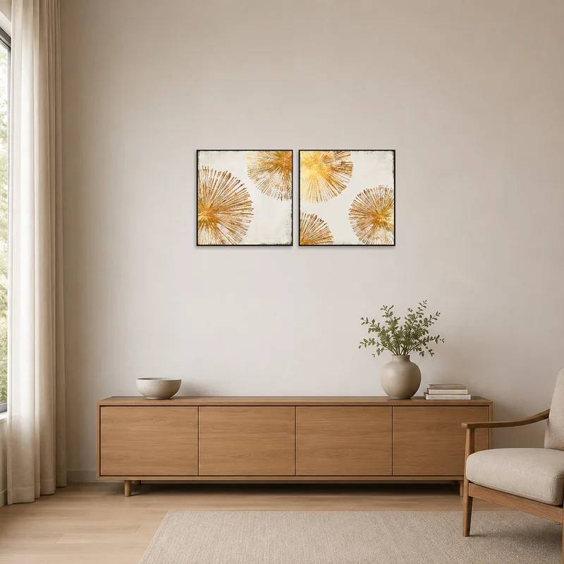 Gold Burst art set creates a striking focal point in an all-white minimalist space.