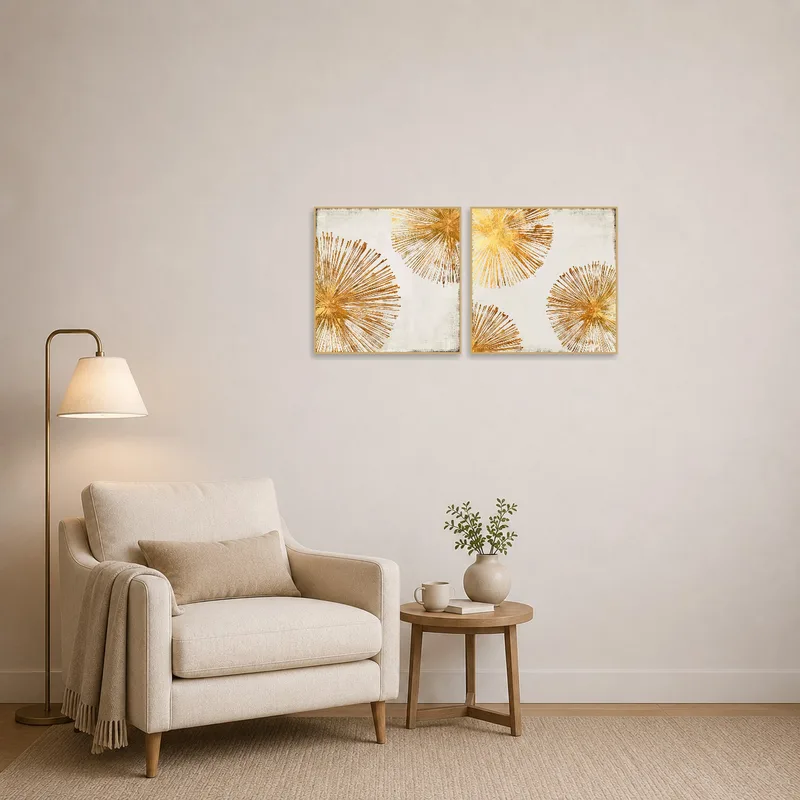 Gold Burst art set enlivens the reading nook with vibrant abstract patterns.