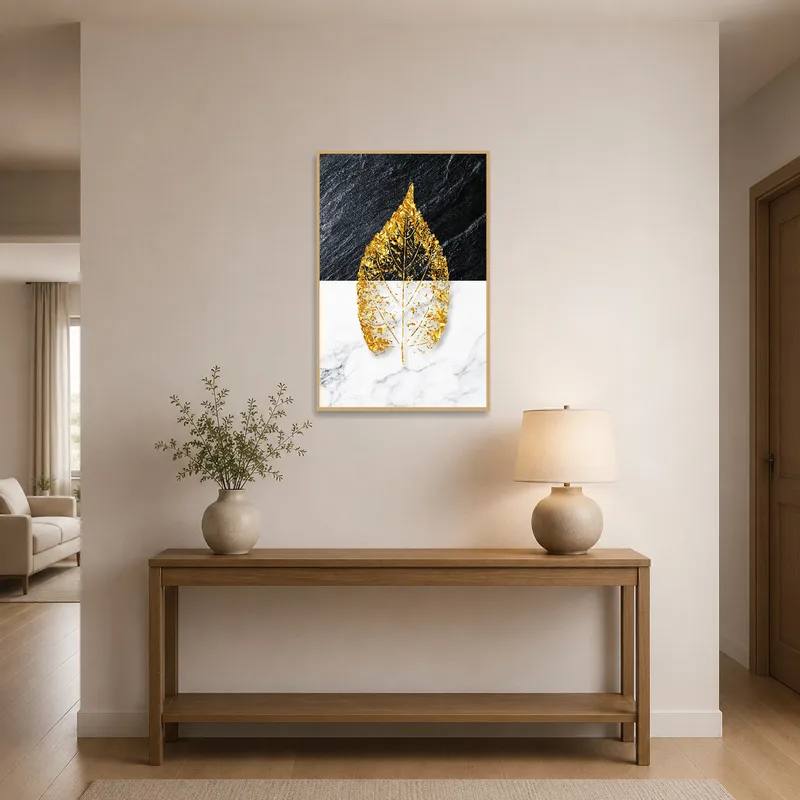 Gold-toned piece greeting guests in a sleek entrance hall.