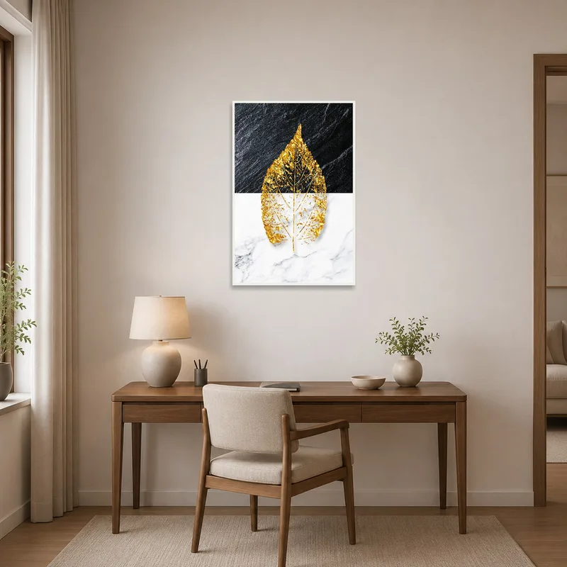Gold leaf artwork displayed in a sophisticated home office setting.