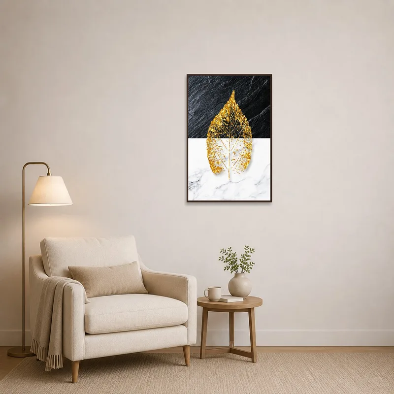 Luxurious gold leaf design set against marble in a cozy reading nook.