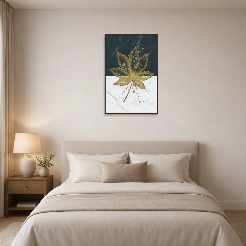 Sophisticated gold leaf on marble art in a tranquil bedroom.