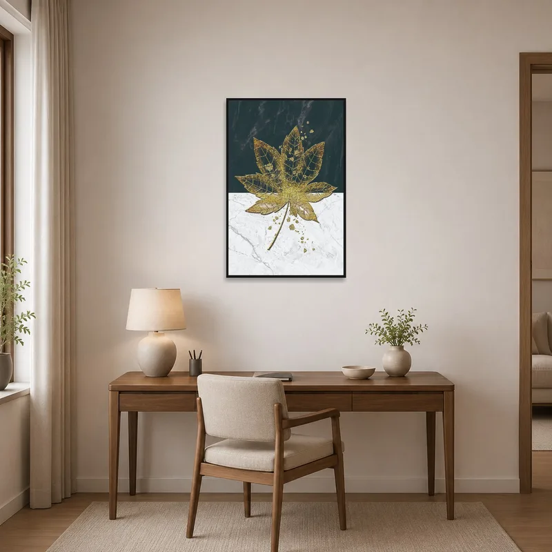 Artistic gold leaf marble design in a productive home office.