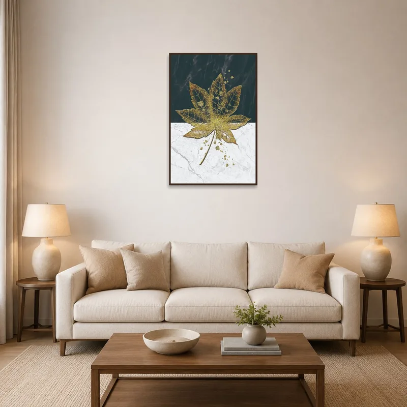 Gold leaf art on marble and slate in a cozy living room setting.