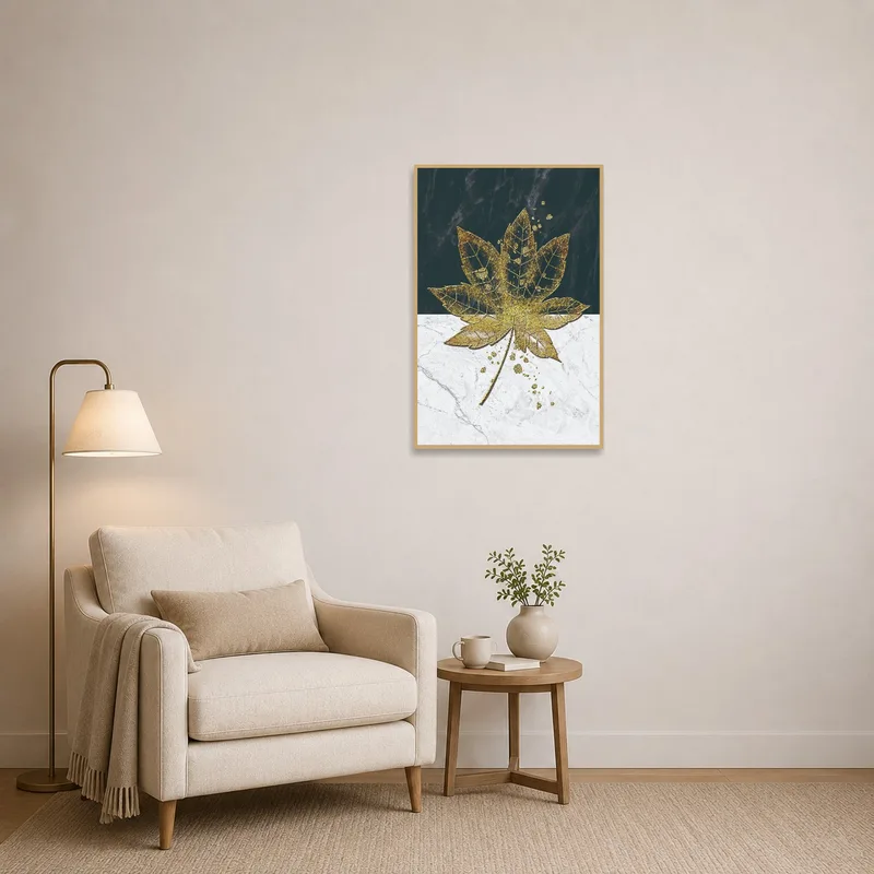 Marble and slate art with gold leaf in a peaceful reading corner.