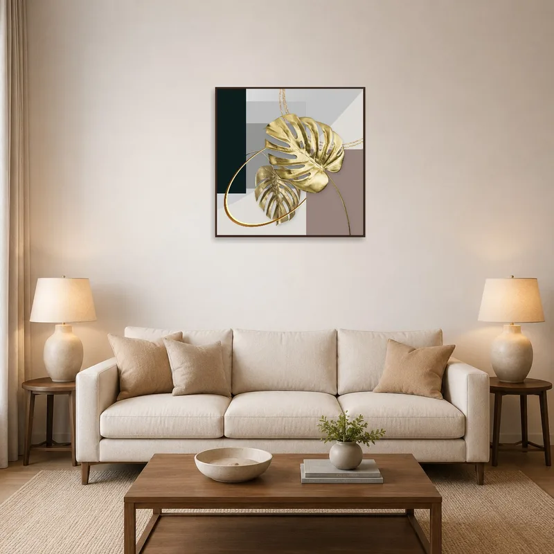 Artwork of gold monstera leaves with geometric background in a modern living room.