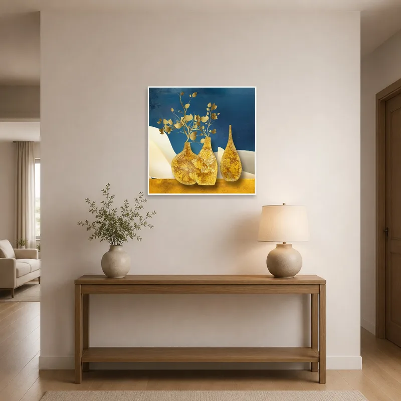 Eye-catching gold-toned vases artwork greeting guests in an entrance hall.