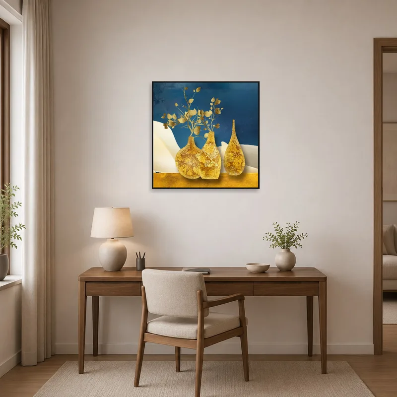 Gold-toned vases artwork bringing sophistication to a home office space.