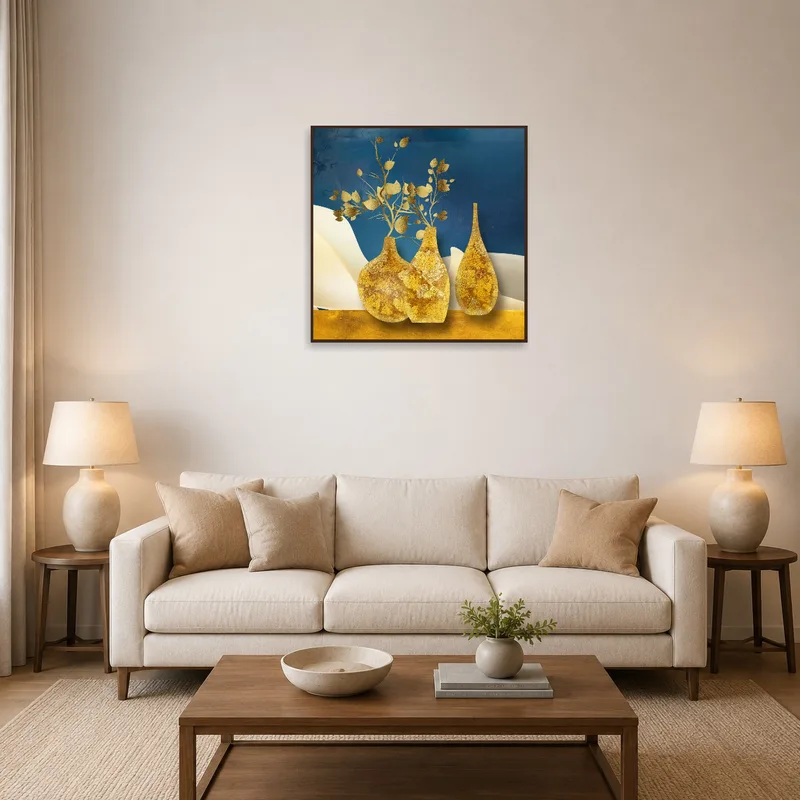 Gold-toned vases artwork complementing a cozy living room with azure accents.