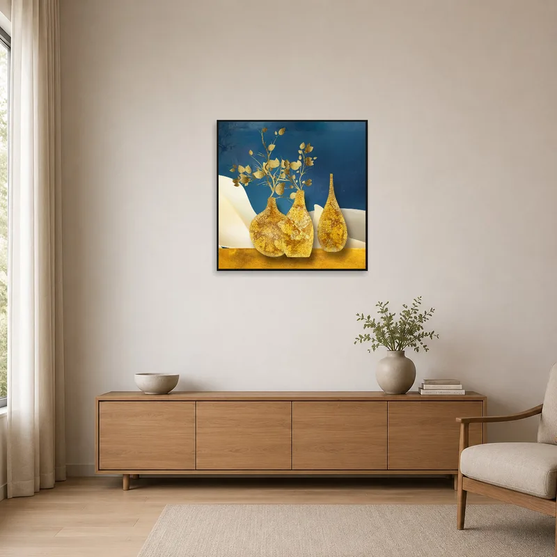 Gold-toned vases artwork adding a touch of elegance to a minimalist space.