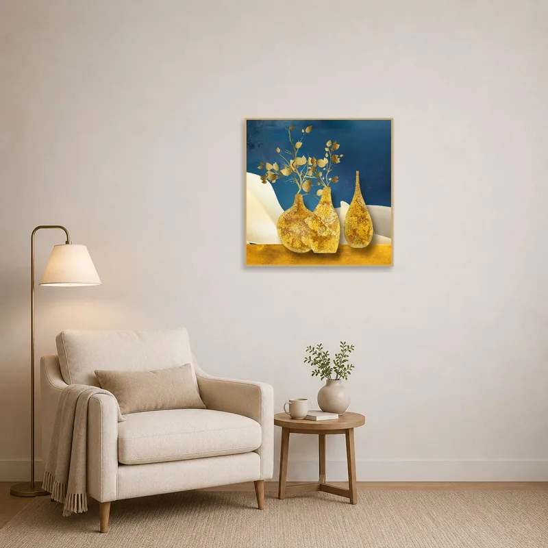 Gold-toned vases artwork enhancing a serene reading corner with a pop of azure.