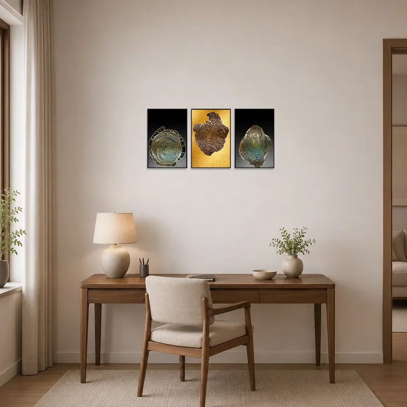 Gold Tree Rings Abstract Triptych enhances a stylish home office with a wooden desk and swivel chair.
