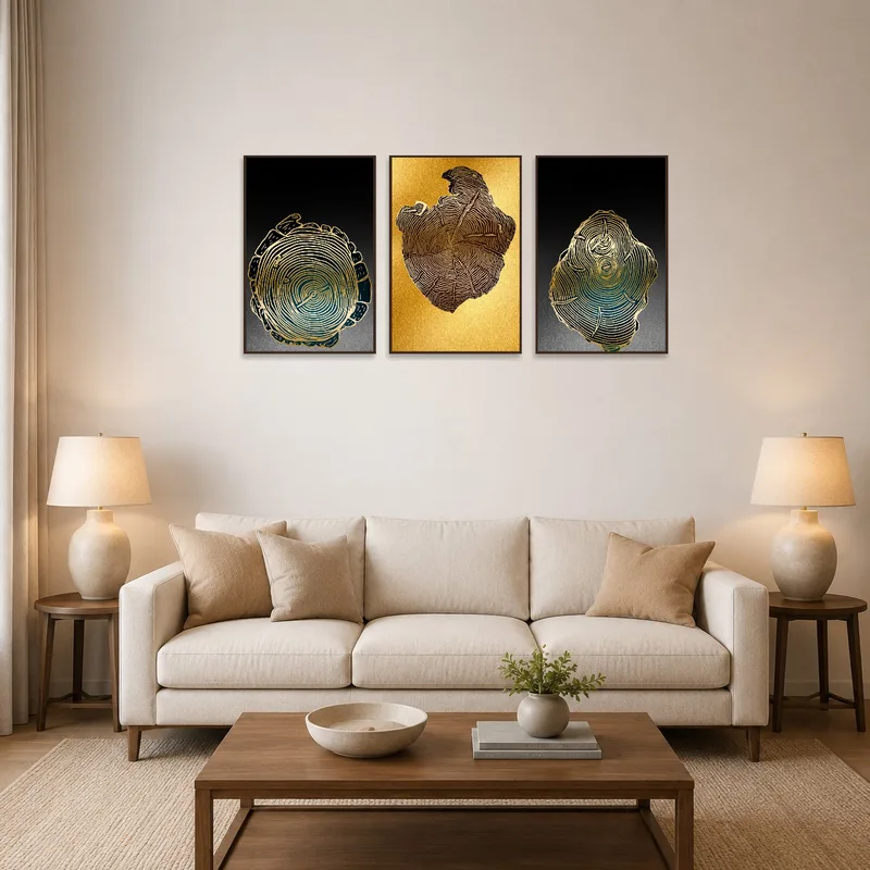 Gold Tree Rings Abstract Triptych Set hangs above a modern gray sofa in a cozy living room.