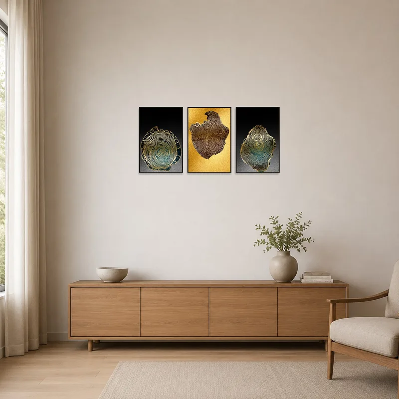 Gold Tree Rings Abstract Triptych complements the clean lines of a minimalist room with neutral tones.