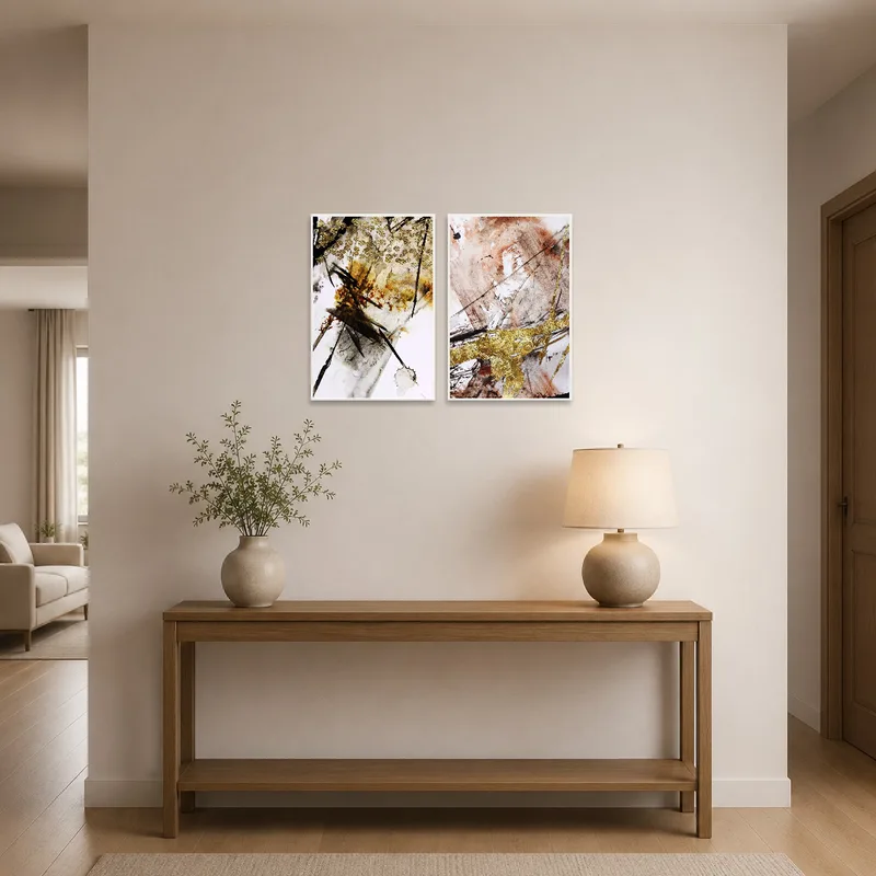 Golden abstract pieces elegantly displayed in a welcoming entrance hall.