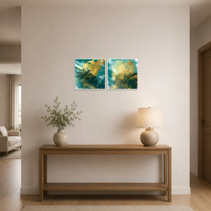 Abstract art set with golden hues enhancing a welcoming entrance hall.