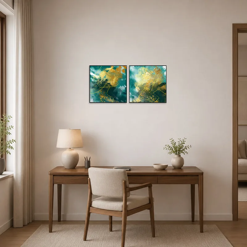 Stylish golden abstract art bringing inspiration to a contemporary home office.