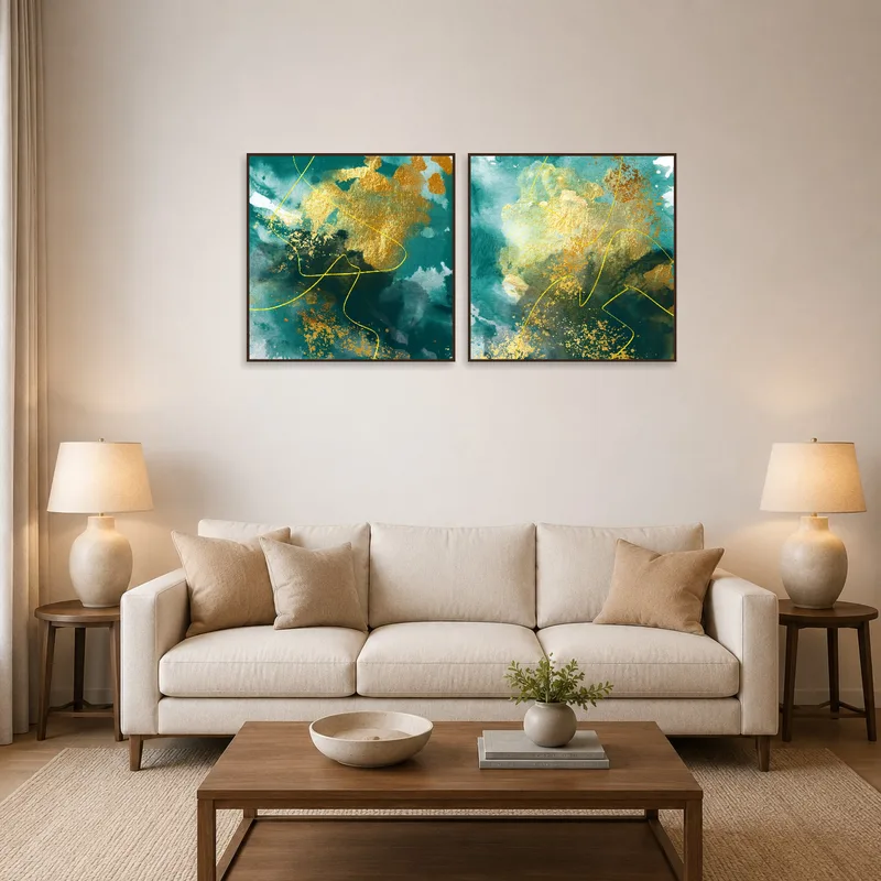 Golden abstract art set hanging in a stylish living room above a modern sofa.