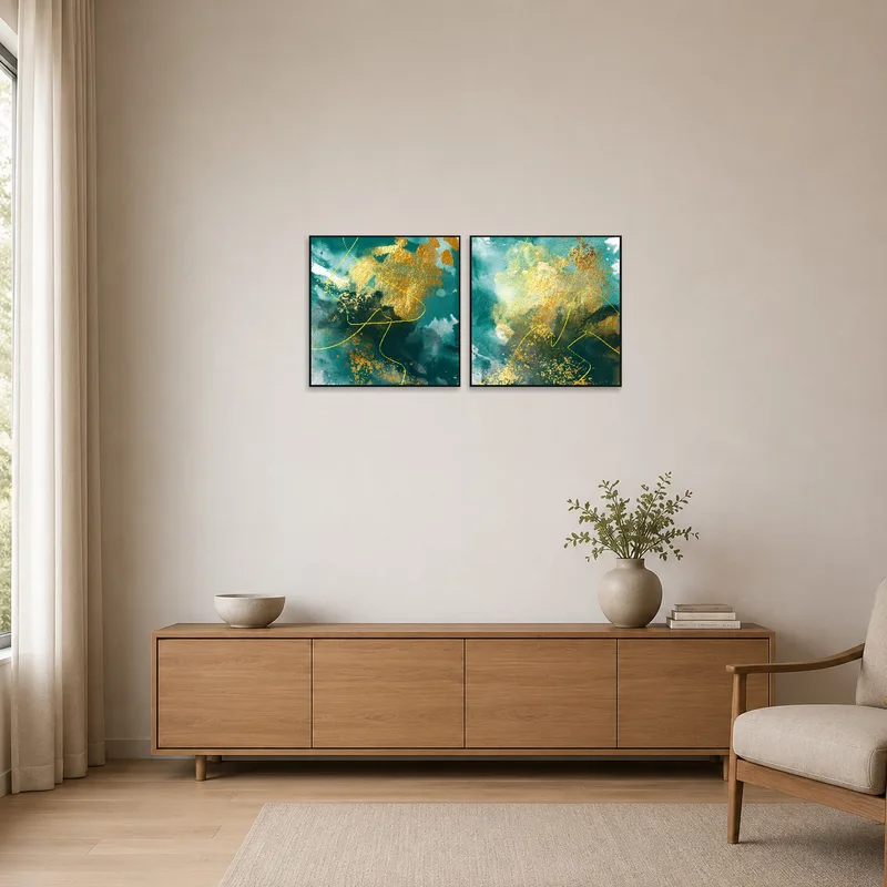 Golden abstract dreamscape art complementing clean lines in a minimalist setting.