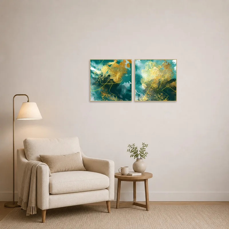 Dreamscape art set with gold tones creating warmth in a cozy reading corner.